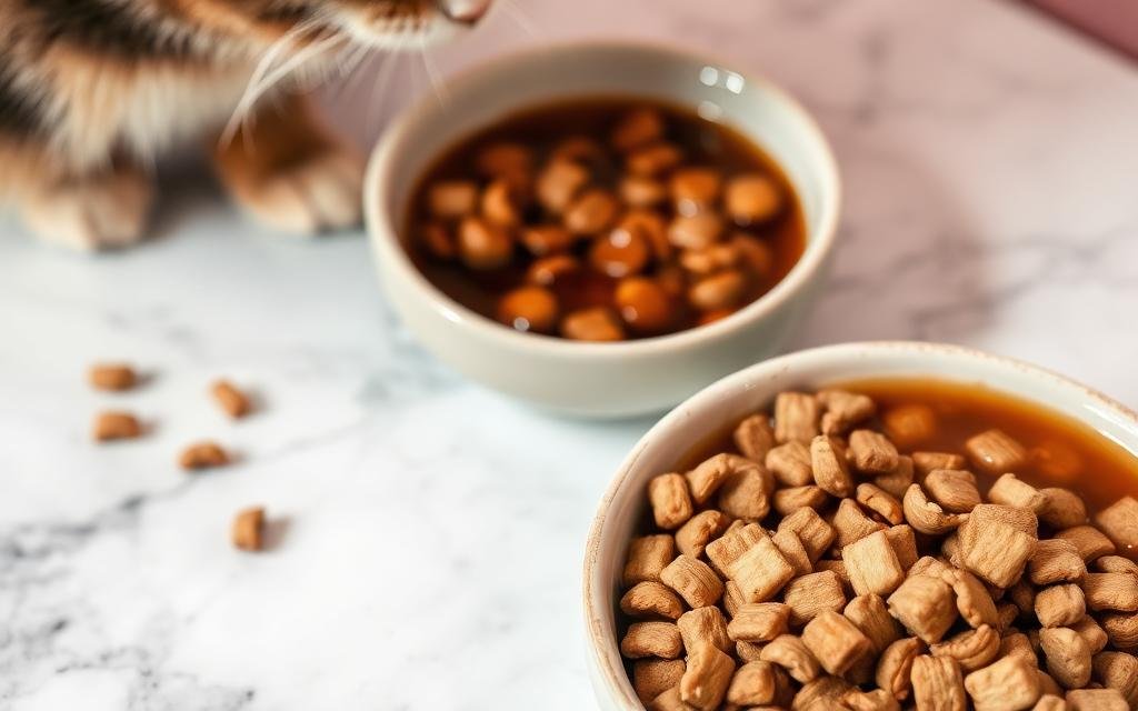 Cuencos con pienso y comida húmeda para gato sobre una encimera