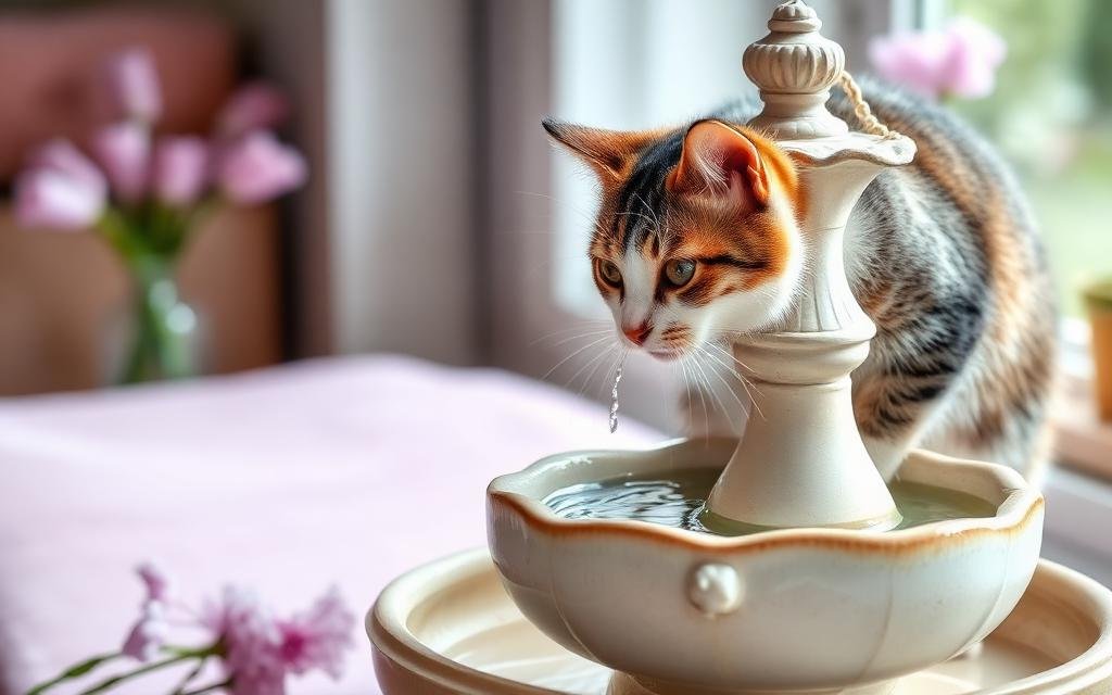 Gato bebiendo de una fuente de agua de cerámica