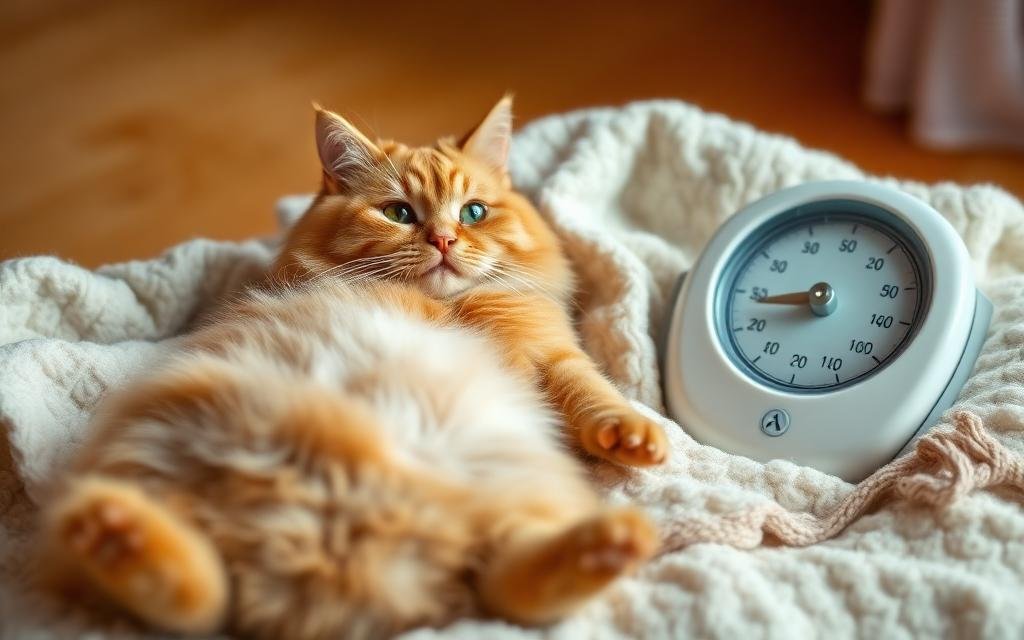 Gato naranja tumbado junto a una báscula